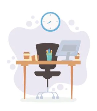 Office workspace desk chair computer coffee cup and stress Illustrazione stock