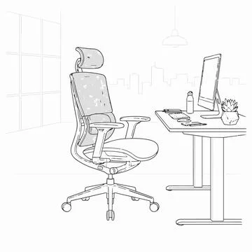 Office workspace desk with computer and ergonomic chair, modern minimalist .. Stock Illustration