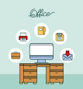 Office workspace desk computer email printer diskette file Stock Illustration
