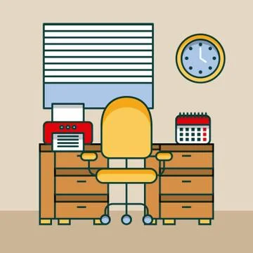 Office workspace desk computer printer clock calendar Stockillustratie