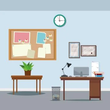 Office workspace desk table potted plant clock notice board trash can laptop Stock Illustration