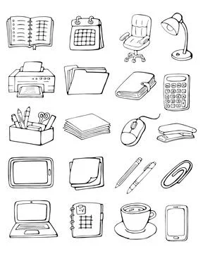 Office Workspace Doodle Icons Set Business Desk Equipment Hand Drawn Collecti 库存插图