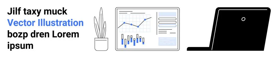 Office Workspace Elements with Laptop, Desk Plant, and Data Analysis Chart Stock Illustration