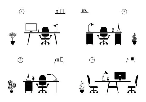 Office workspace interior black and white set Stock Illustration