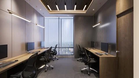 Office Workspace interior design with table chair lighting and wall furniture Illustrazione stock
