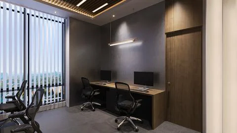 Office Workspace interior design with table chair lighting and wall furnitu.. イラスト素材