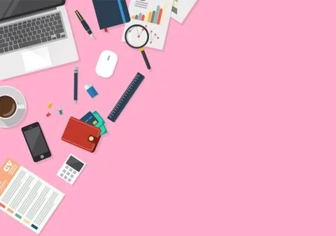 Office workspace with stationery in top view Stock Illustration