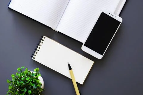 Office workspace top view with diary and smartphone Stock Photos