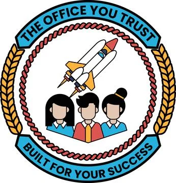 The Office You Trust logo features a rocket and three people Stock Illustration