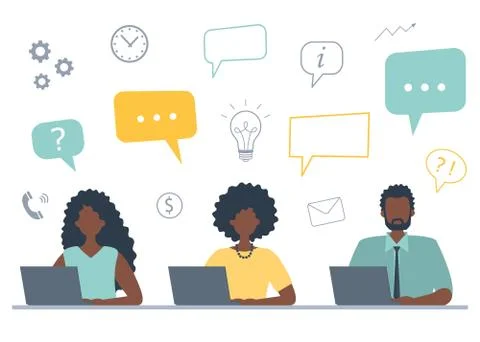 Office308Office workers are working on laptops. Business concept with icons Stock Illustration