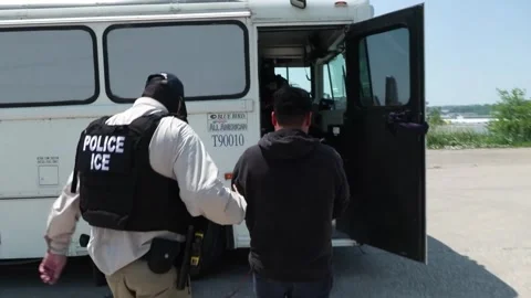 Officer escorts a restrained unauthorized worker to a waiting bus Stock Footage 334177109