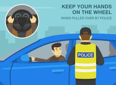 Officer pulls over a car and checks license. Male driver keeps hands on wheel. 스톡 일러스트