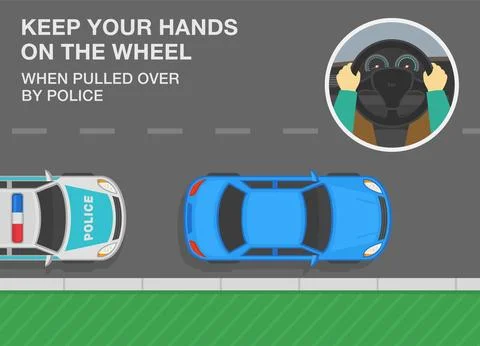 Officer pulls over car to check documents. Keep hands on wheel rule. Top view. 스톡 일러스트