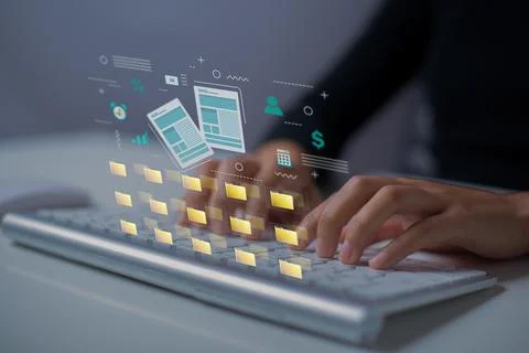 Officer typing document to edit and manage document. Concept of managing docu Stock Photos