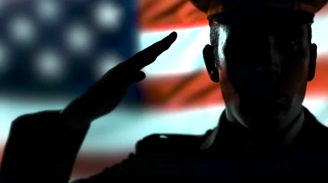 Officer Uniform Soldier Salute, US American Military Silhouette, USA Flag Stock Footage