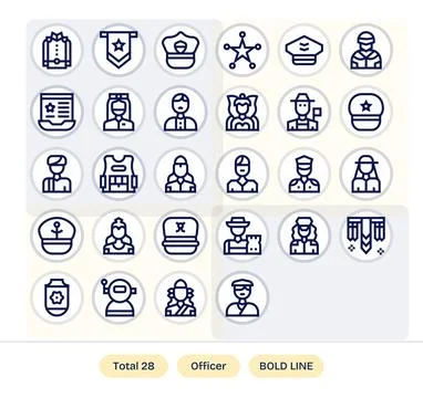 Officer Vector Icon Toolkit featuring 28 Editable 64x64 Bold Line elements Stock Illustration