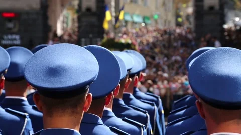 Officers stand in columns at the parade. Stock Footage 101871645
