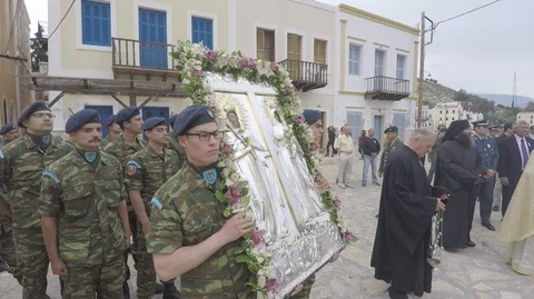 Official ceremony and procession of St. Constantine in Kastelorizo. GOPR0099-09 Stock Footage 102501184