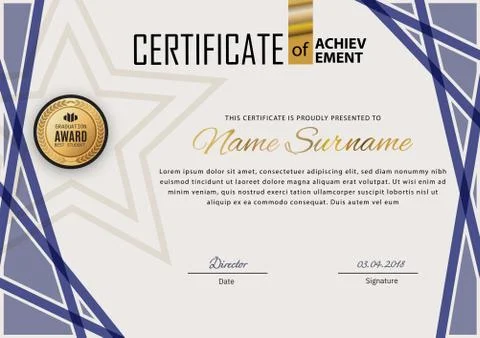 Official certificate with blue design elements. Business modern design. Gold Stock Illustration