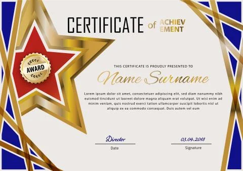 Official certificate with blue design elements and gold red star. Business Stock Illustration