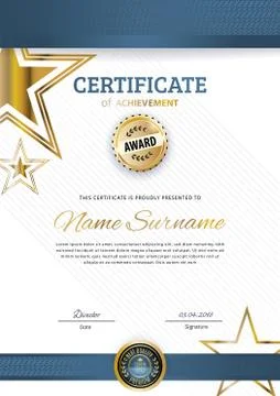Official certificate with blue design elements. Business modern design. Gold Stock Illustration