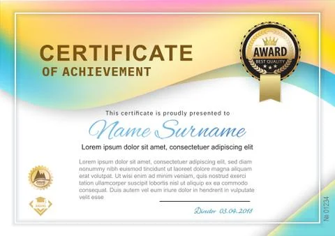 Official certificate with multicolored wave design elements. Gold emblem Stock-Illustration