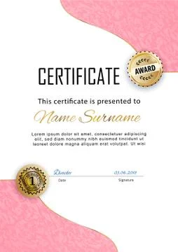 Official certificate with pink design elements. Business modern design. Gold Stock Illustration