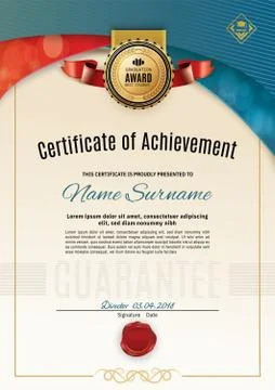 Official certificate with red turquoise wave design elements. Red ribbon and Stock-Illustration