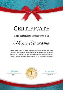 Official certificate with turquoise design elements and red bow. Business white イラスト素材
