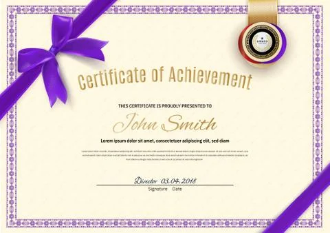 Official certificate with violet thin border and violet bow. Business beige Stock Illustration