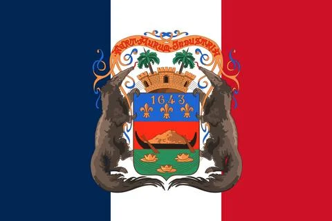 The official current flag and coat of arms of Guiana department of France. St Stock Illustration