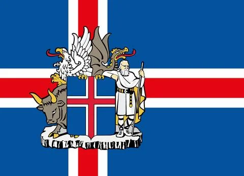 The official current flag and coat of arms of Iceland. State flag of Icelan.. Stock Illustration