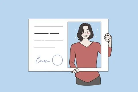 Official document and identification concept. Young smiling woman standing Stock Illustration