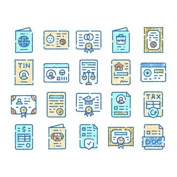 Official document icons representing various legal certificates Stock Illustration