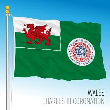 Official emblem of the Charles Third Coronation on the welsh flag, UK Stock Illustration