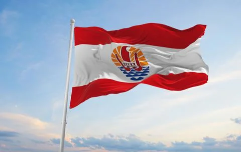 Official flag of French Polynesia at cloudy sky background on sunset, panoram Stock Illustration