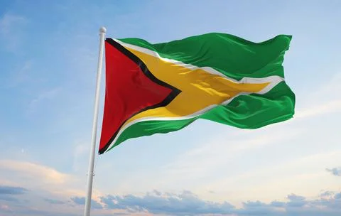 Official flag of Guyana at cloudy sky background on sunset, panoramic view. p Stock Illustration