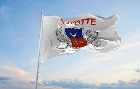 Official flag of Mayotte at cloudy sky background on sunset, panoramic view.  Stock Illustration