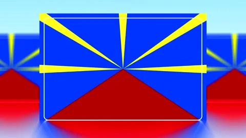 The official flag of reunion island featuring blue and red sections with ye.. Stock Footage 343662313