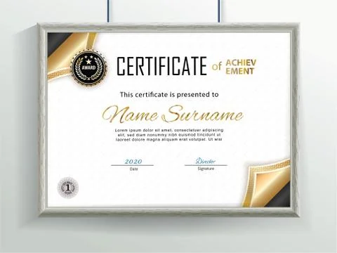 Official grey vector certificate with gold black design elements and realistic Stock Illustration