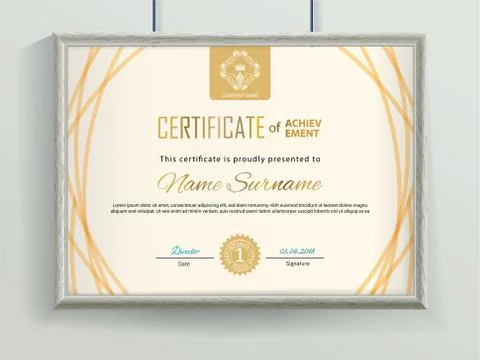 Official vector certificate with beige flat design elements and realistic grey 스톡 일러스트