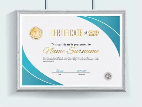 Official vector certificate with blue flat design elements and realistic grey Stock Illustration
