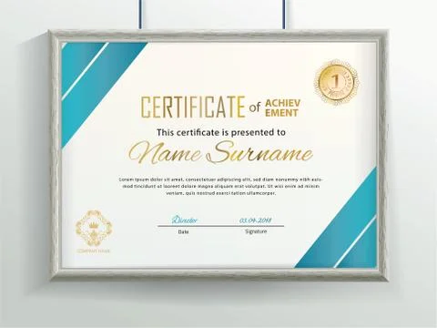 Official vector certificate with blue flat design elements and realistic grey Stock Illustration