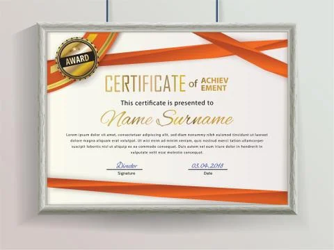 Official vector certificate with red ribbons and realistic grey border hanging Illustrazione stock