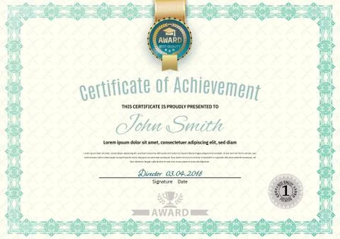 Official white certificate of a4 format with green border, gold emblem, Offic Stock Illustration
