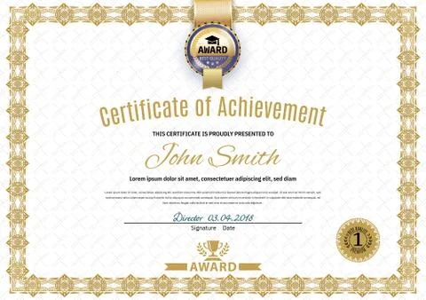Official white certificate of a4 format with beige border, gold emblem, Offic Stock Illustration