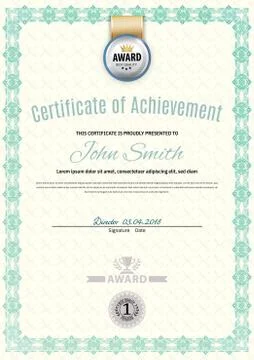 Official white certificate of a4 format with green border, silver emblem, Off 스톡 일러스트