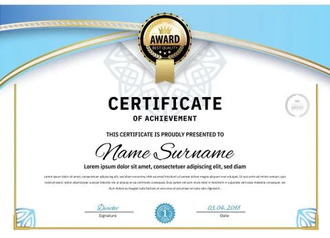 Official white certificate with blue triangle design elements. Business clean Illustrazione stock