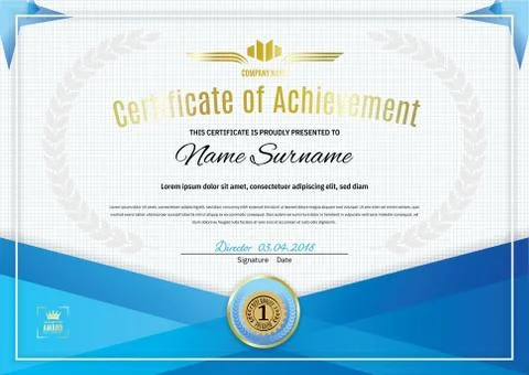 Official white certificate with blue triangle design elements. Business clean Stock Illustration