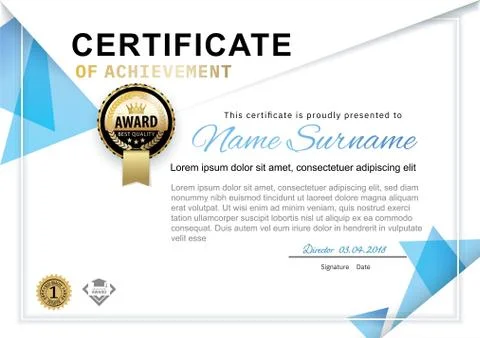 Official white certificate with blue triangle design elements, crown. Business Stock Illustration
